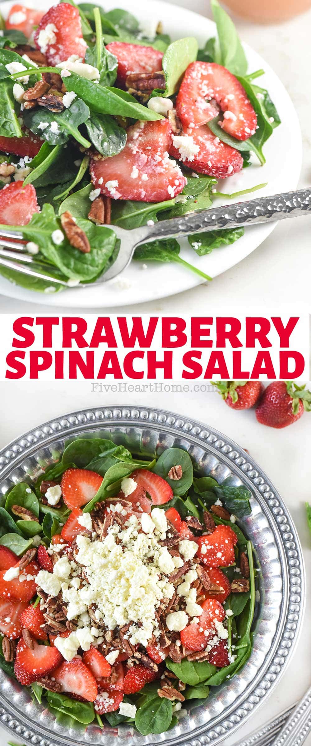 The BEST Strawberry Spinach Salad ~ this fresh, vibrant, delicious salad is enhanced by toasted pecans, creamy feta, and an amazing homemade blush wine vinaigrette! | FiveHeartHome.com via @fivehearthome