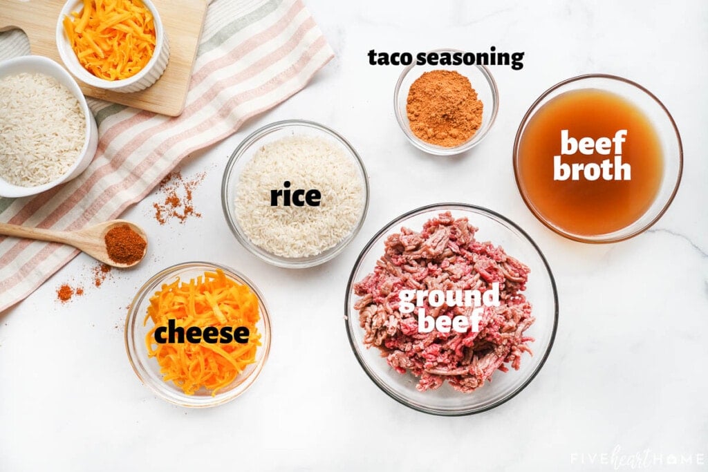 Labeled ingredients to make homemade Taco Hamburger Helper.