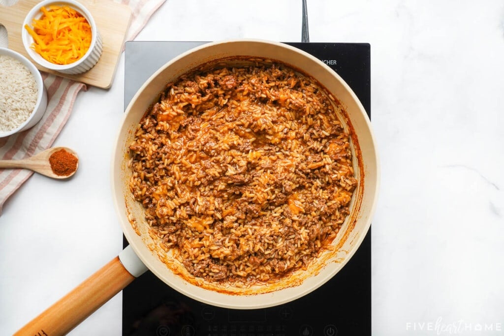 Cheese stirred in, could add crushed tortilla chips on top for Crunchy Taco Hamburger Helper.