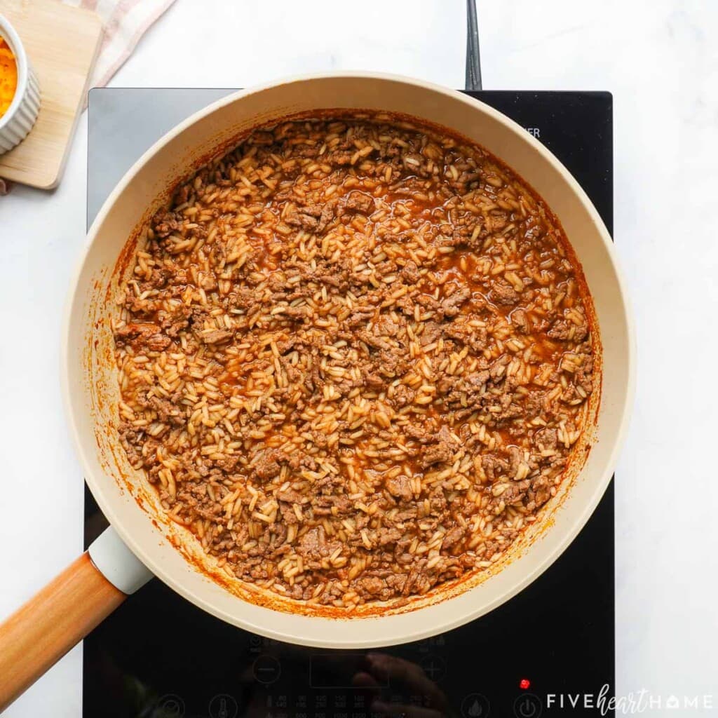 Taco Hamburger Helper in skillet.