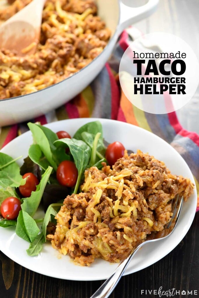 Taco Hamburger Helper on plate and in skillet with text overlay.