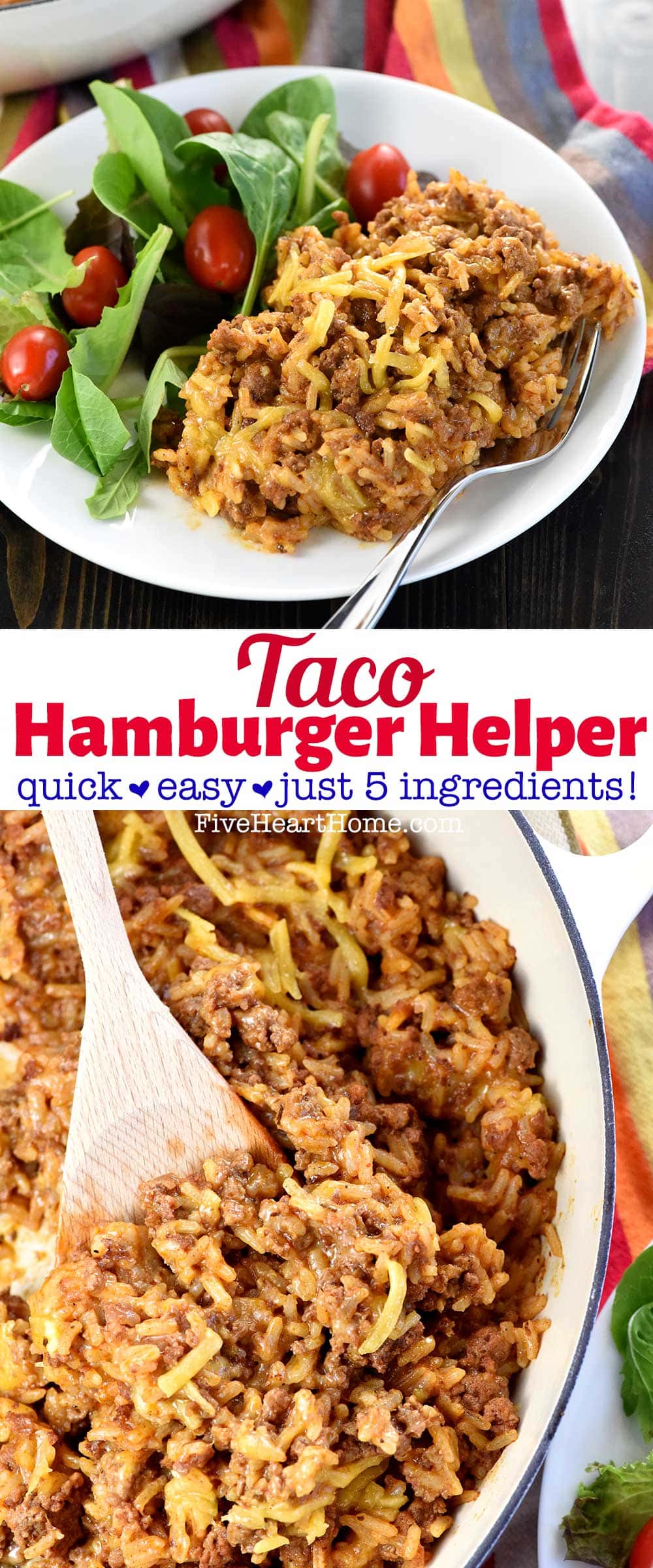 Homemade Taco Hamburger Helper ~ this copycat recipe is a quick, easy, one-pan dinner made with just FIVE real, all-natural ingredients in under 30 minutes! | FiveHeartHome.com via @fivehearthome