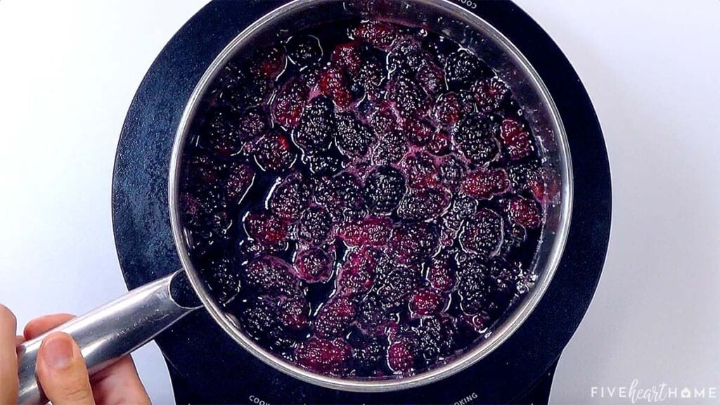 Blackberry Cobbler filling in pot.