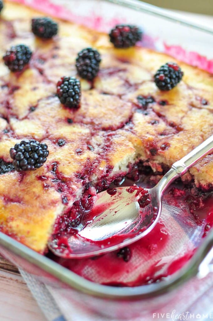 Blackberry Cobbler with piece scooped out.