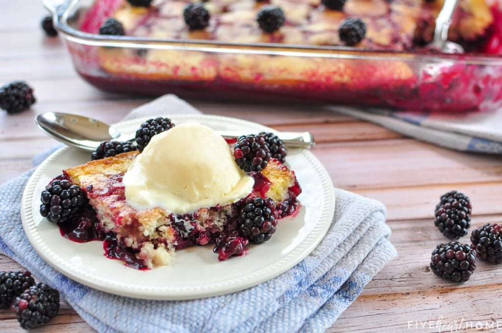 Blackberry Cobbler in dish and on plate.