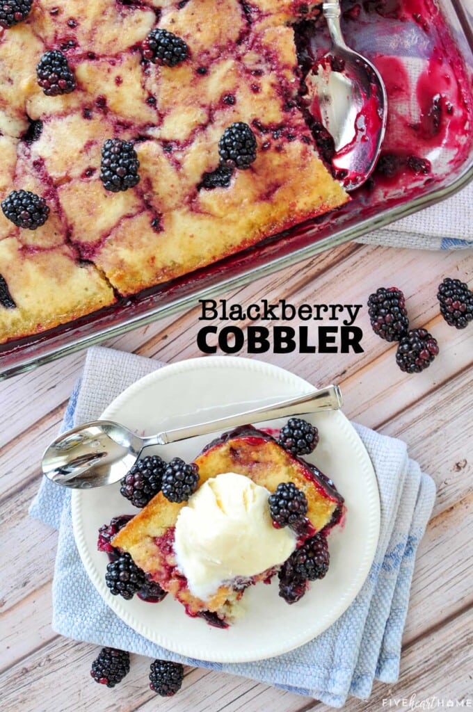 Aerial view of Blackberry Cobbler with text overlay.