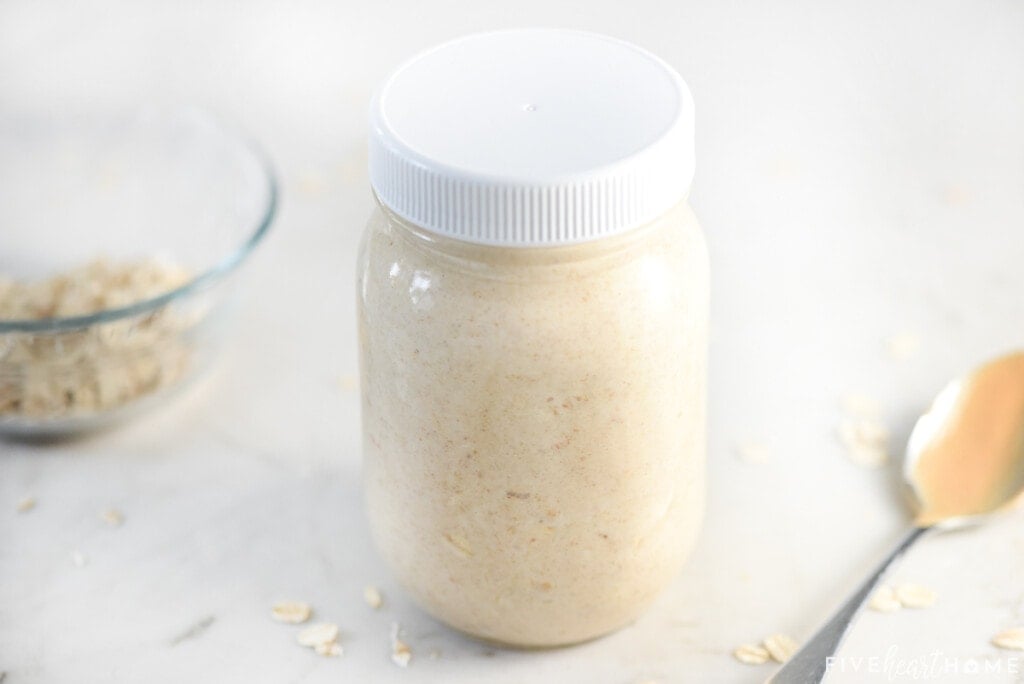 Overnight Oats Peanut Butter in jar with lid.