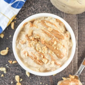 Peanut Butter Overnight Oats in white bowl.