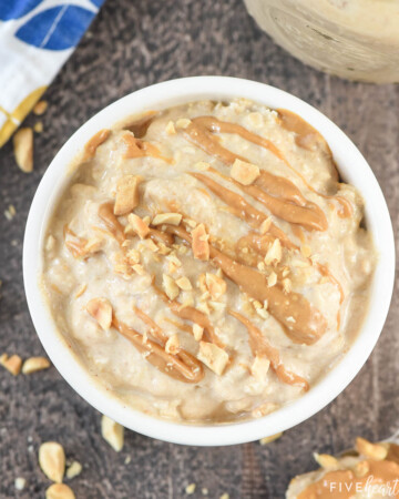 Peanut Butter Overnight Oats in white bowl.