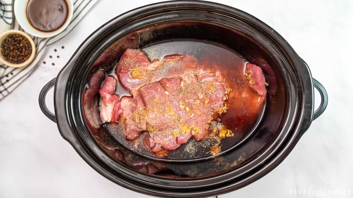 Aerial view of pulled pork crock pot root beer.