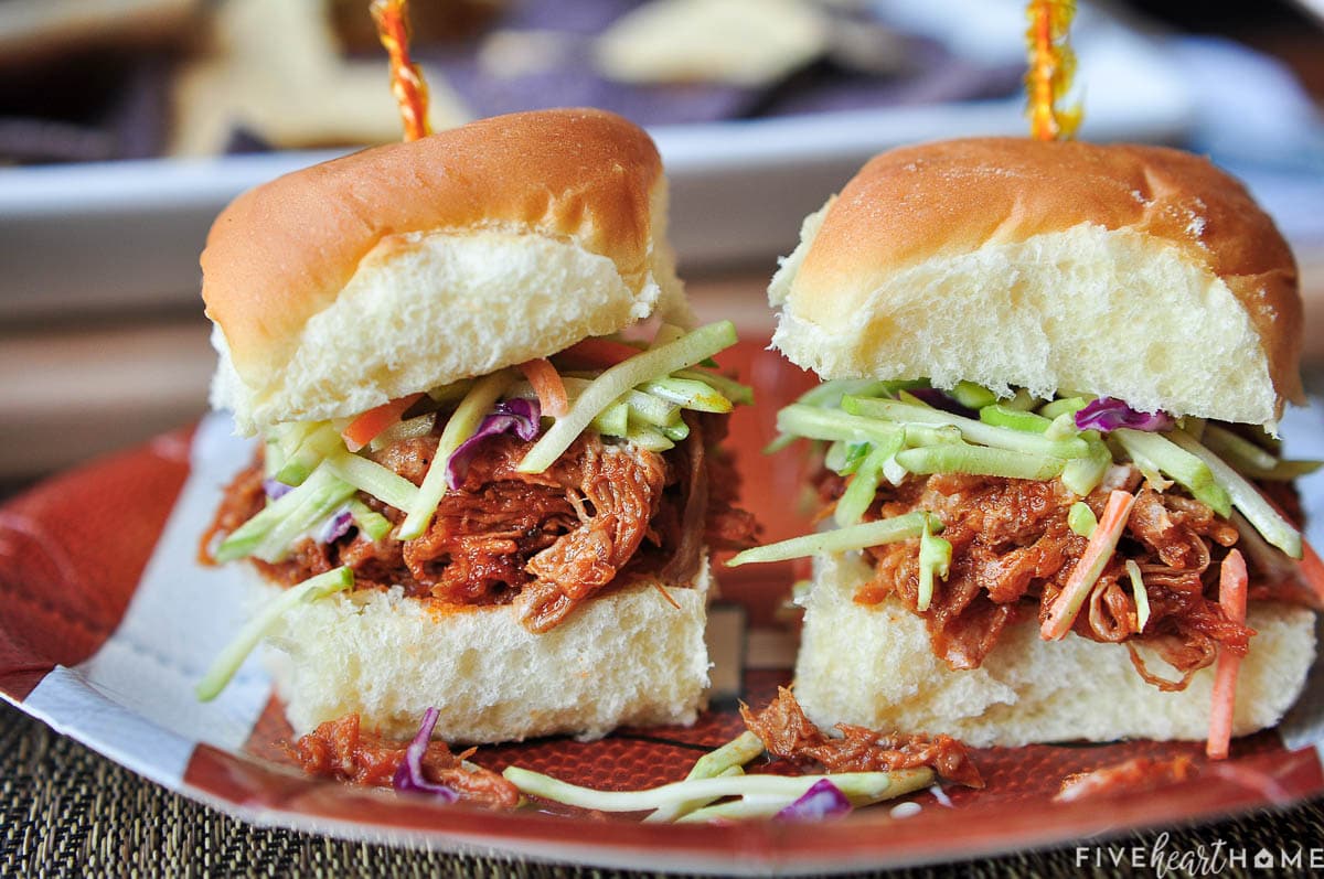 Root Beer Pulled Pork sliders on plate.