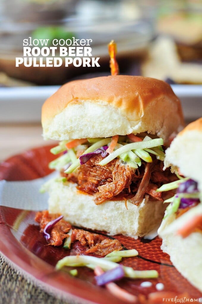 Slow Cooker Root Beer Pulled Pork with text overlay.