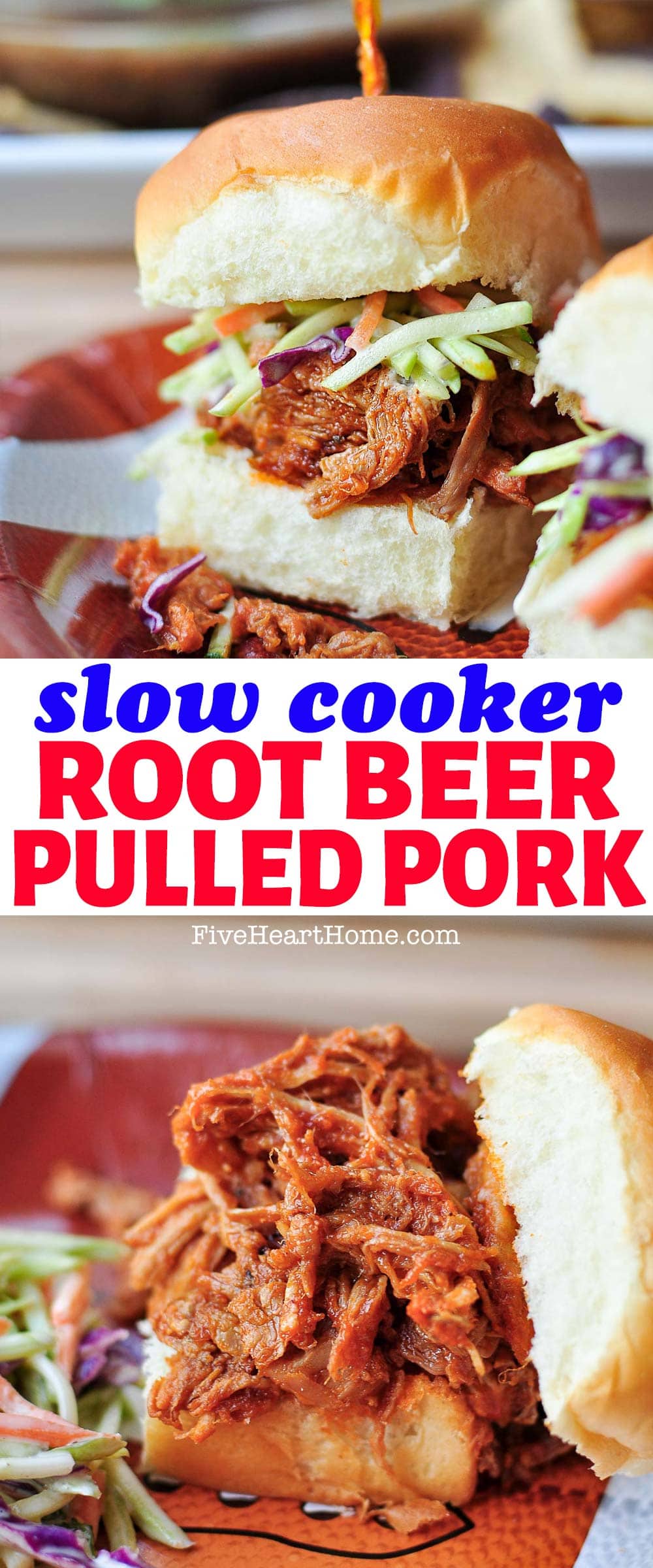 Slow Cooker Root Beer Pulled Pork ~ this tender, juicy pulled pork is quick and effortless to throw in the crockpot for an easy, make-ahead, family-pleasing dinner that's also perfect for game day, parties, or potlucks! Drenched in a fantastic homemade BBQ sauce, it can be piled on buns or sliders and topped with a creamy slaw for a meal that everyone will love. | FiveHeartHome.com via @fivehearthome