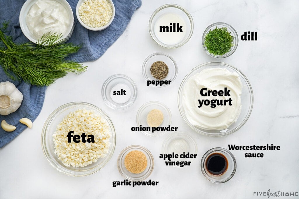 Labeled ingredients to make Creamy Feta Dressing.