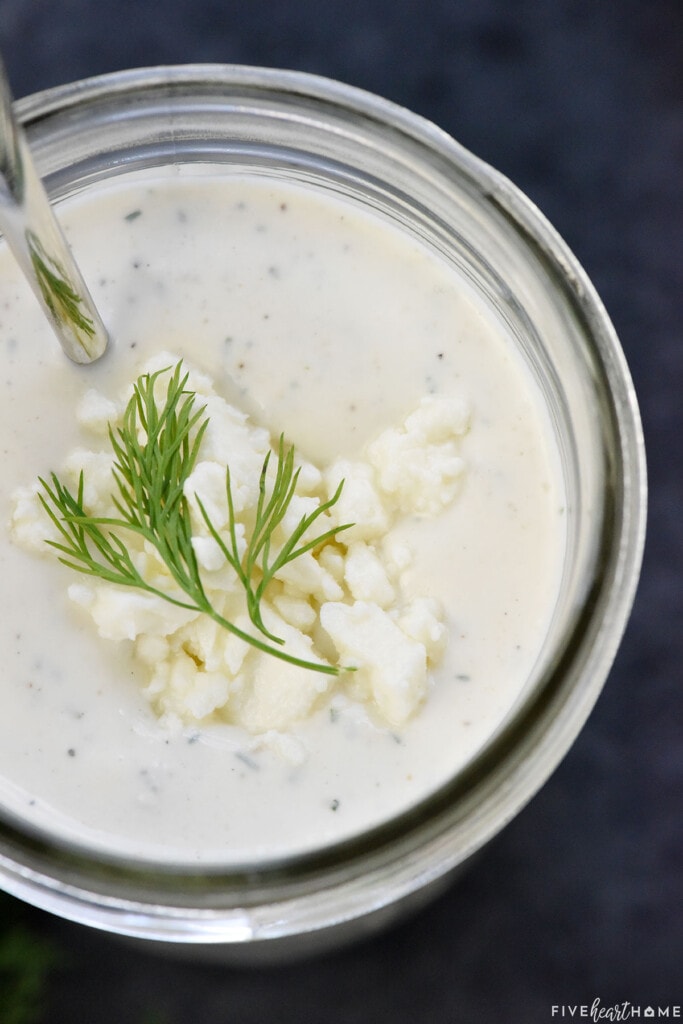 Aerial zoom of Feta Dressing recipe in jar.