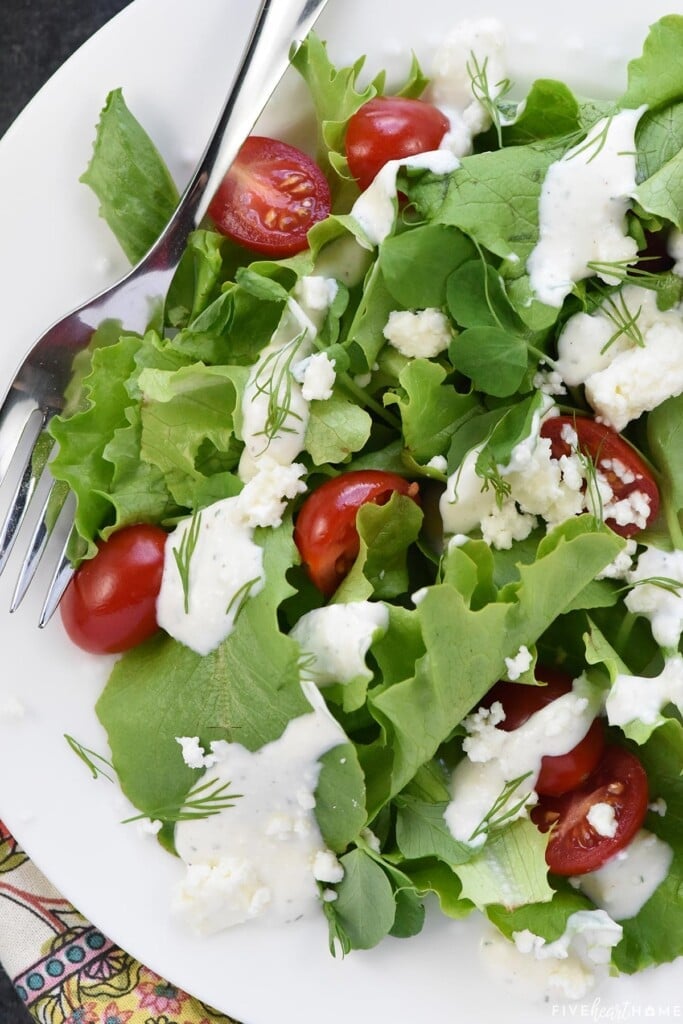 Aerial view of salad with Feta Dressing.