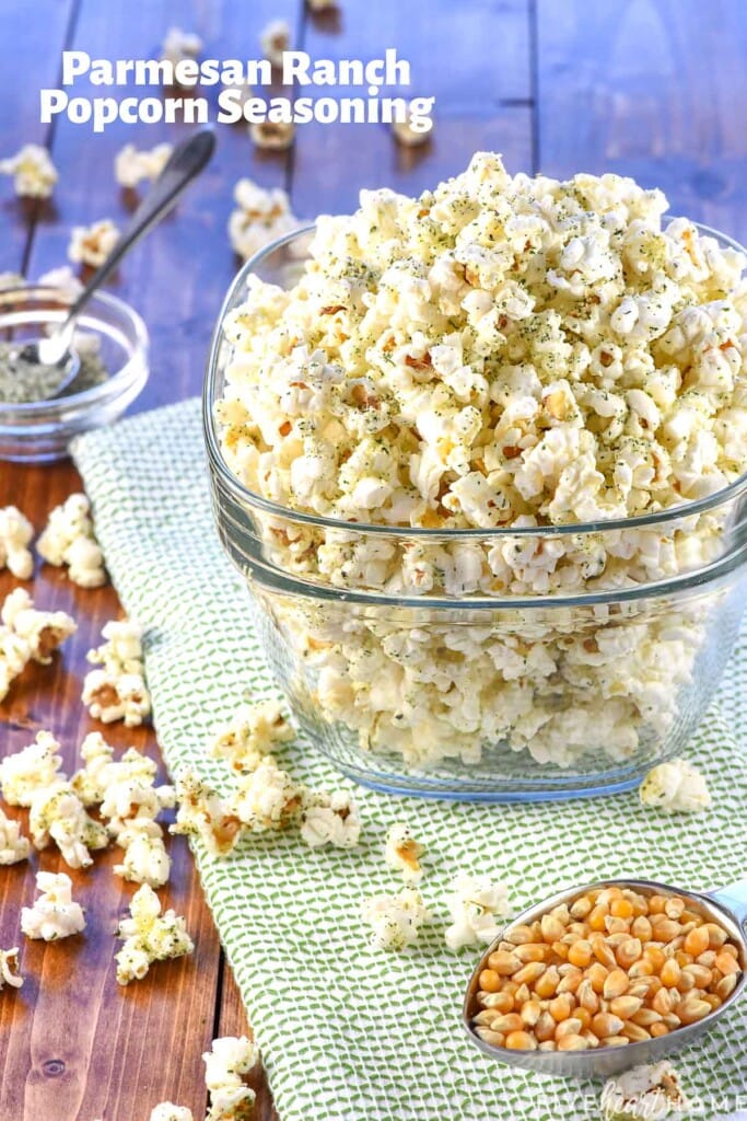 Parmesan Ranch Popcorn Seasoning with text overlay.