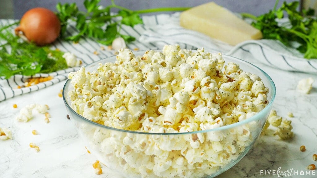 Bowl of Parmesan Popcorn coated with Ranch Popcorn Seasoning.