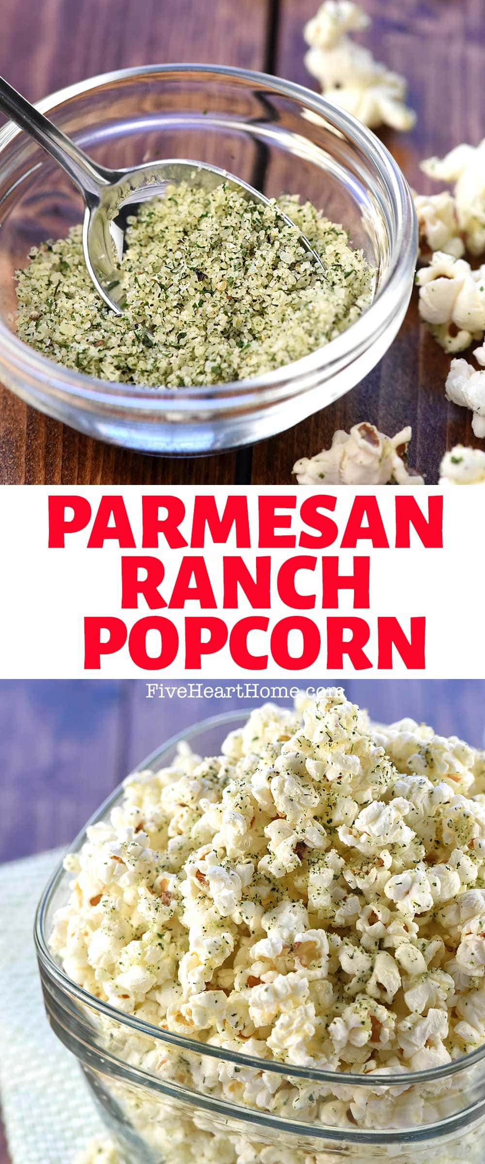 Ranch Popcorn Seasoning ~ a savory mixture of dried herbs, spices, and Parmesan that makes a delicious snack or perfect movie night treat when sprinkled over freshly popped popcorn drizzled in real butter!  | FiveHeartHome.com via @fivehearthome