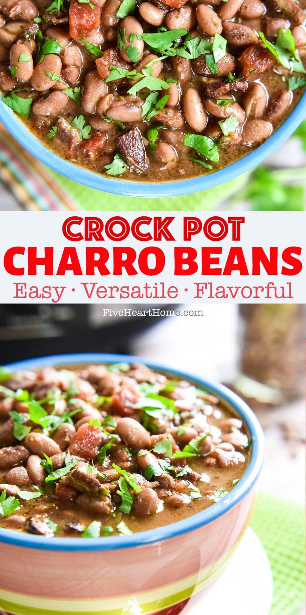 Slow Cooker Charro Beans ~ flavored with bacon, garlic, tomatoes, green chiles, jalapeños, cilantro, and spices and cooked in the crock pot to make them hands-off and truly effortless...the perfect side dish for Mexican food! | FiveHeartHome.com via @fivehearthome