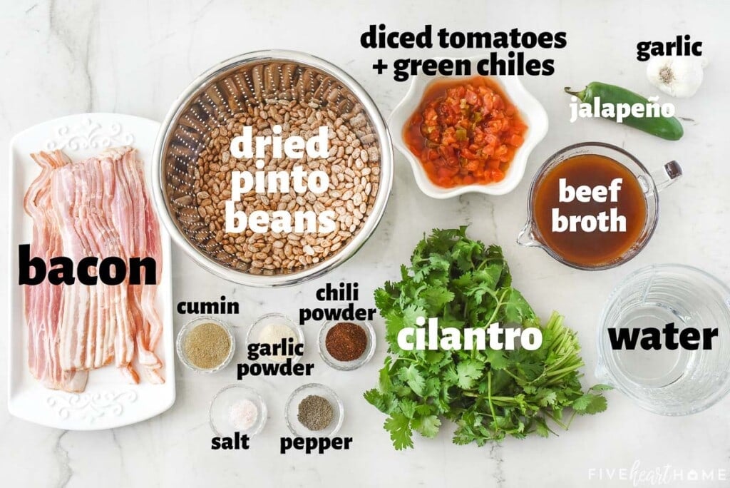 Labeled ingredients to make Charro Beans recipe.