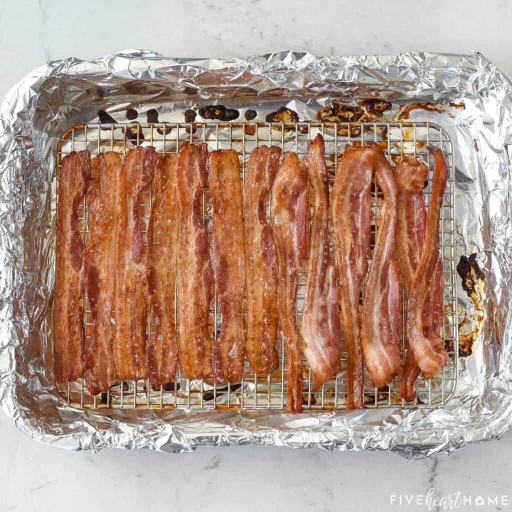 Baked bacon in pan.