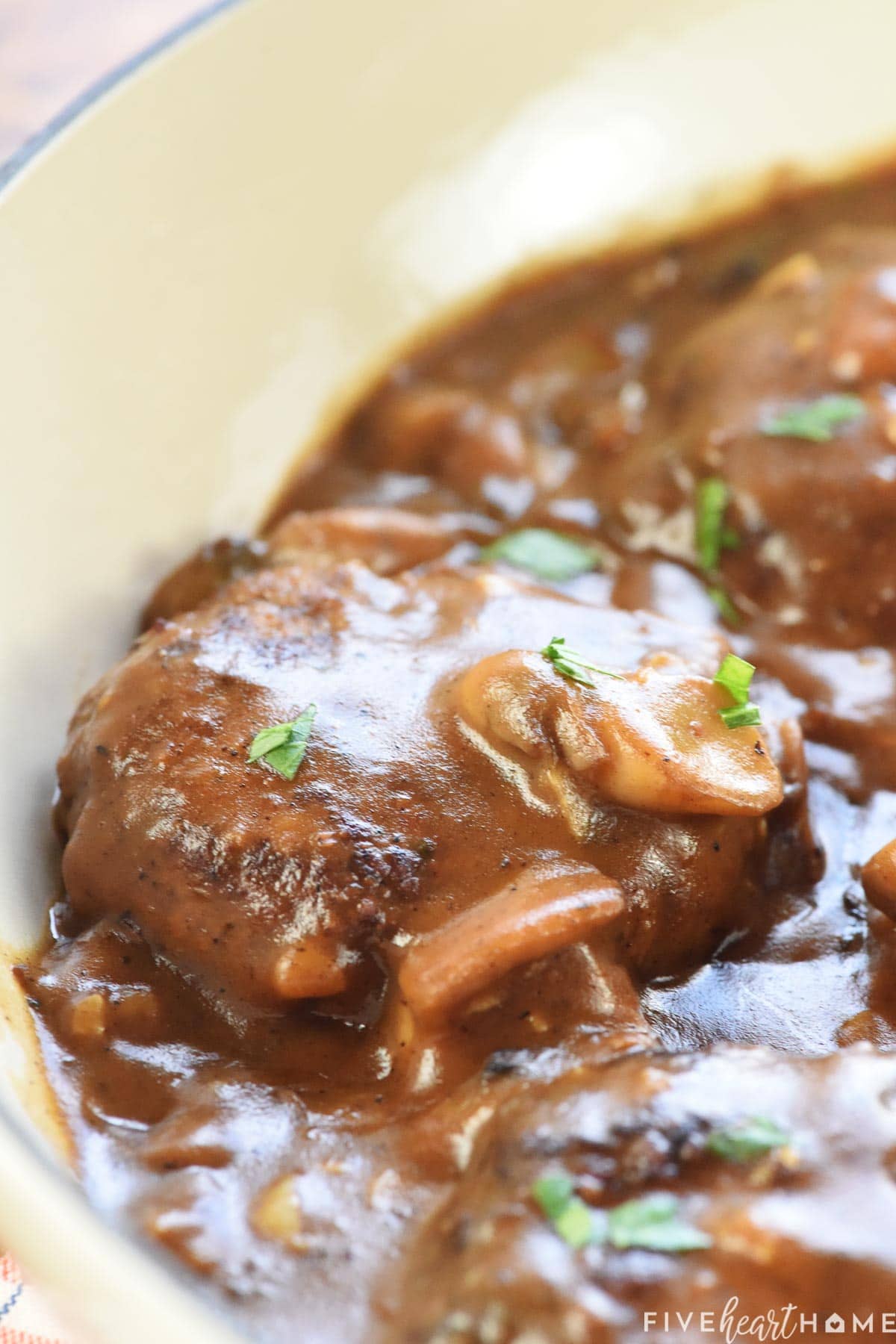 Close-up of Mushroom Gravy for Hamburger Steak.