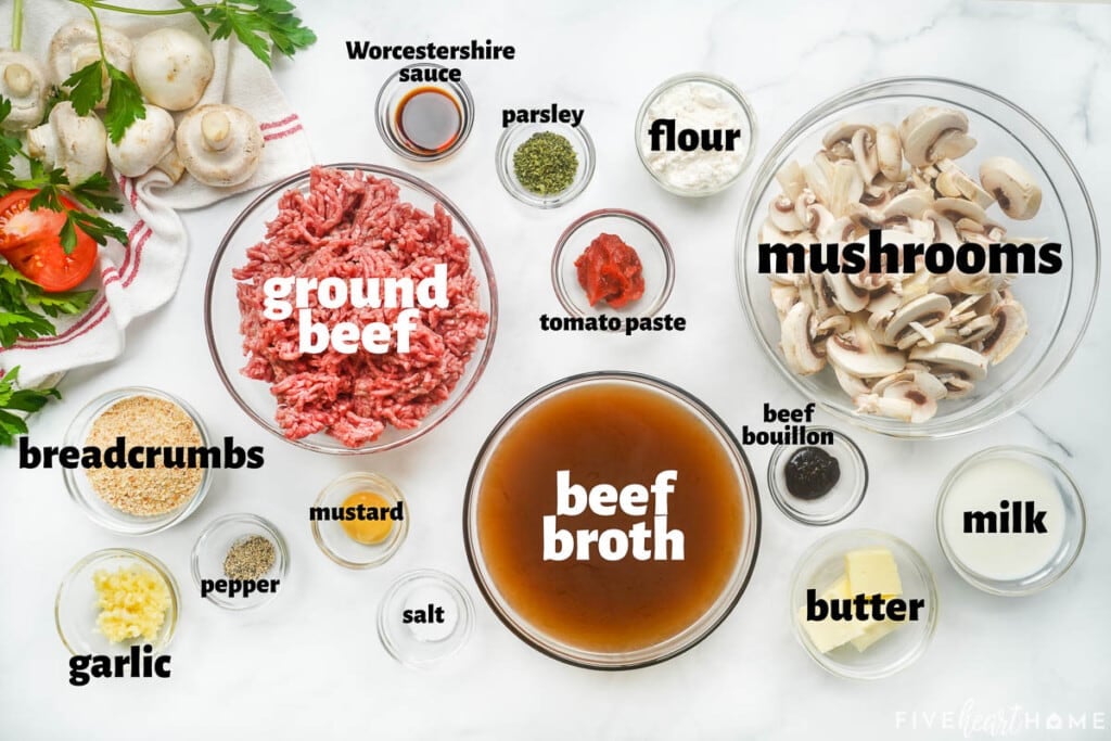 Labeled ingredients to make Hamburger Steak with Mushroom Gravy.