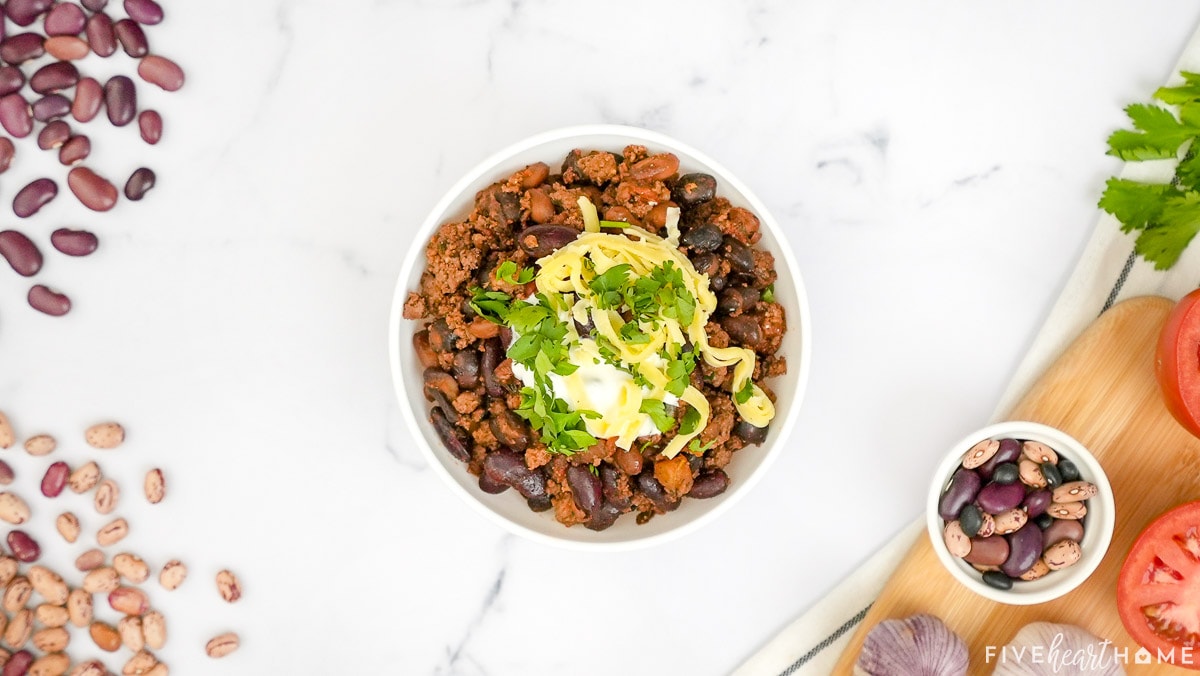 Aerial bowl of 3 Bean Chili ready to enjoy.