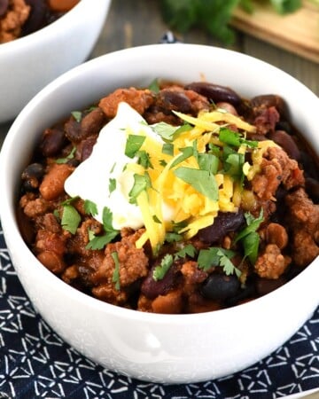 3 Bean Chili in white bowl.