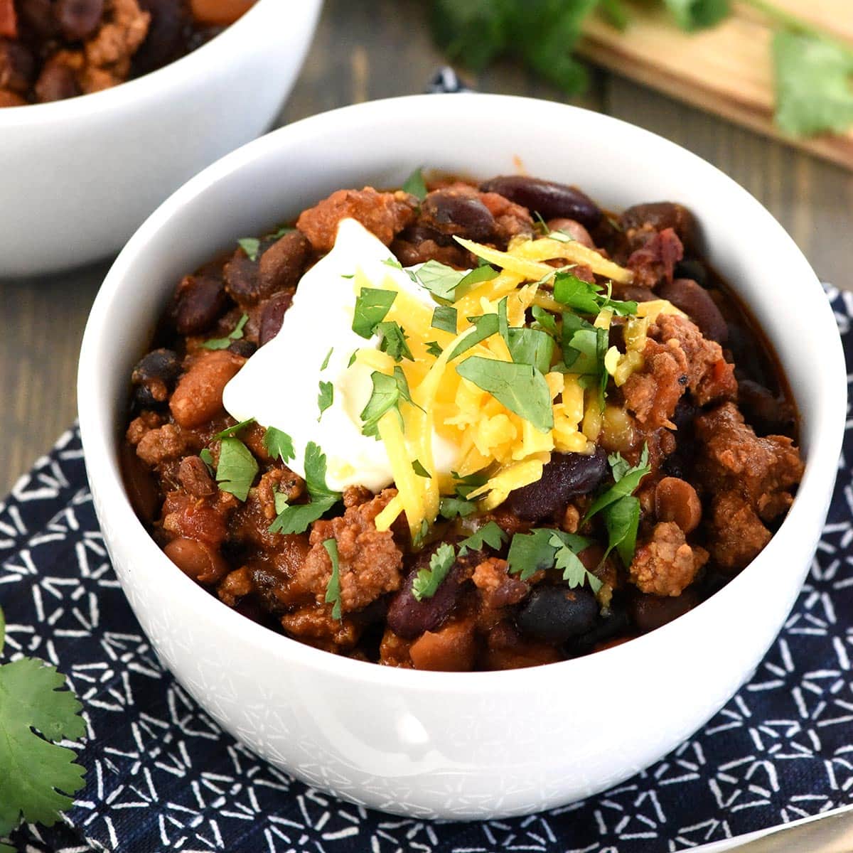 3 Bean Chili in white bowl.