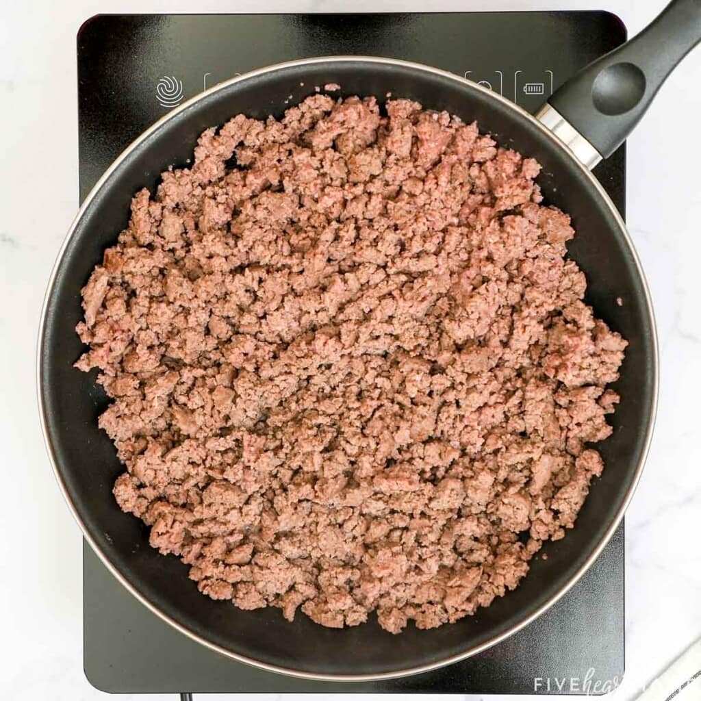 Cooked ground beef in pan for Three Bean Chili.