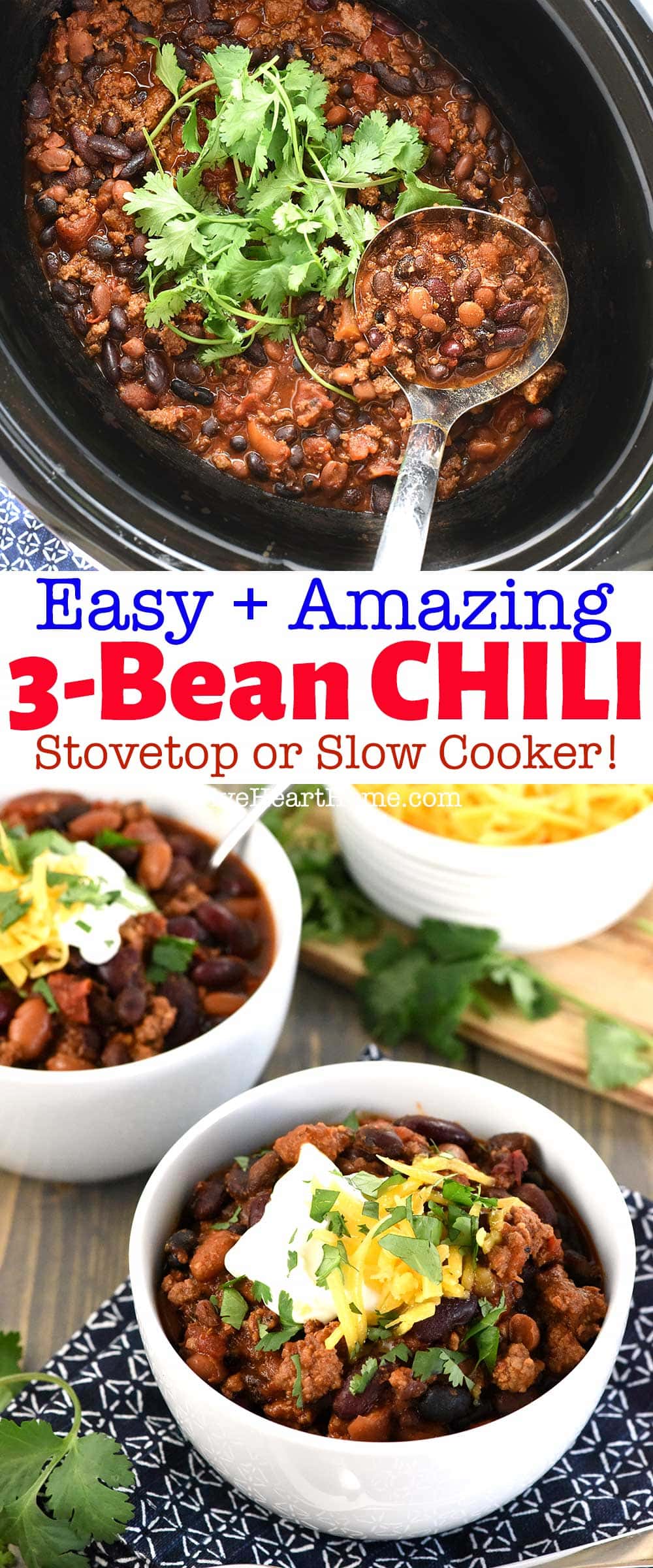 3 Bean Chili ~ a chunky, flavorful, hearty bowl of comfort food goodness loaded with savory ground beef and three kinds of beans...and it's easy to make on the stovetop or in the slow cooker! | FiveHeartHome.com via @fivehearthome