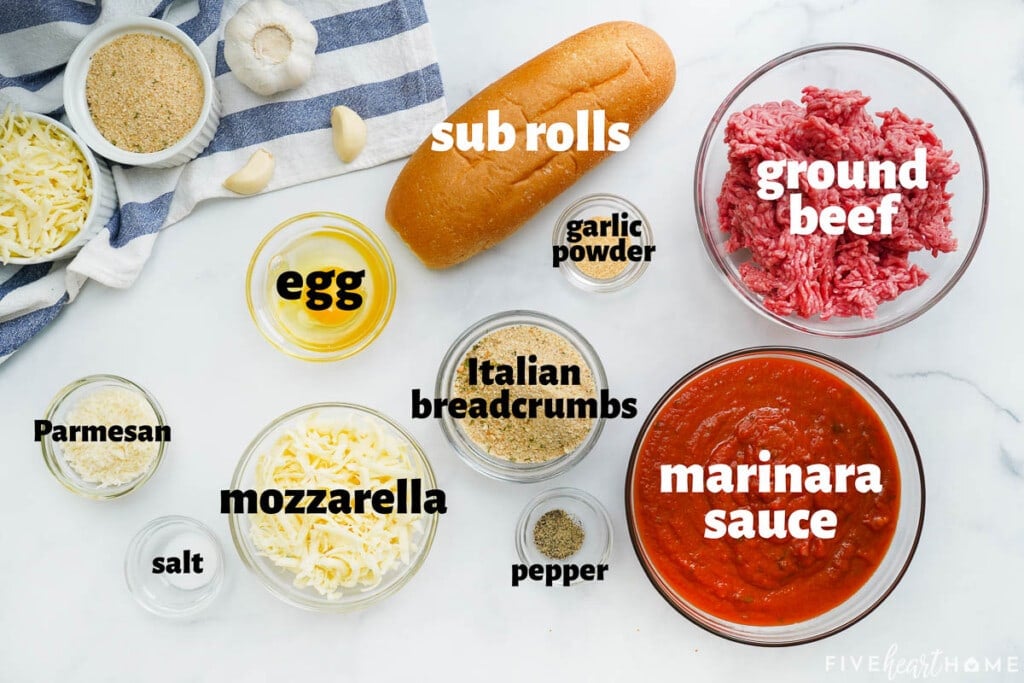 Labeled ingredients to make Crockpot Meatball Subs.