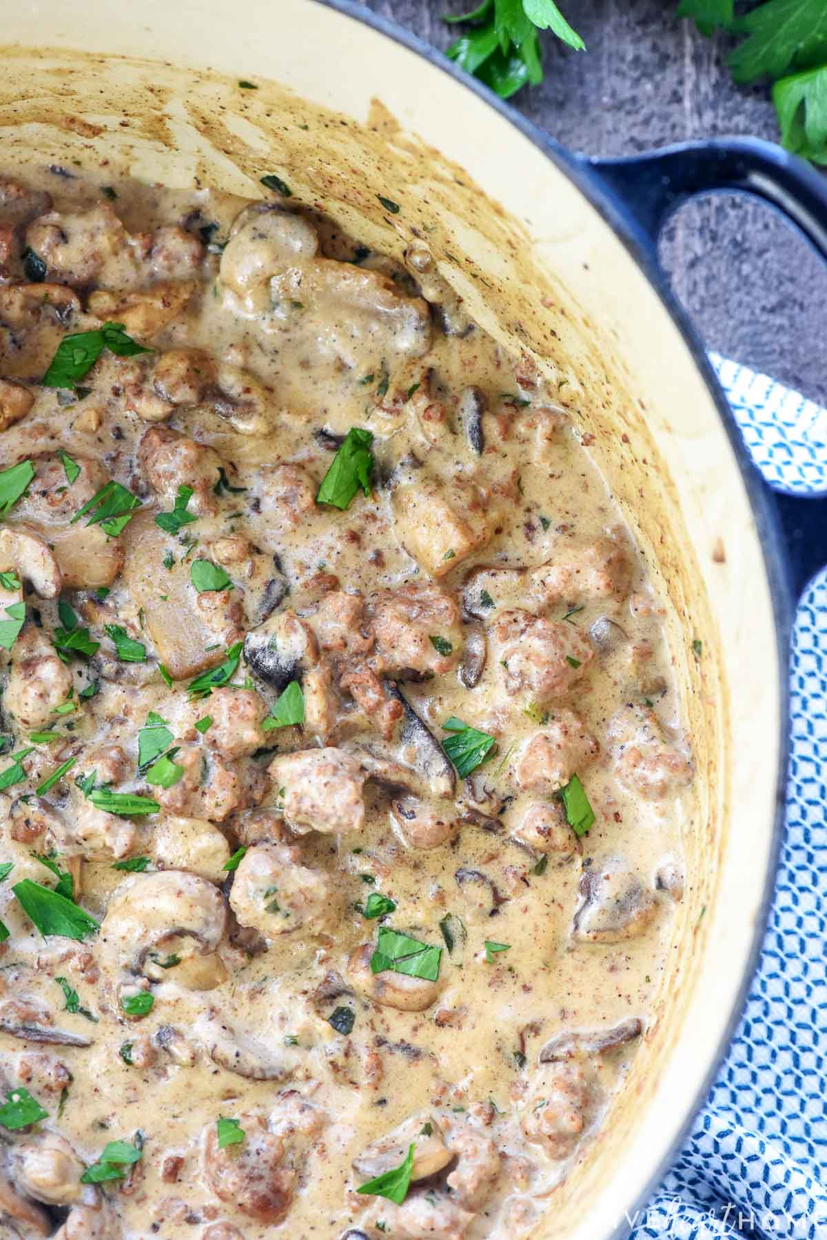 Aerial view of Ground Beef Stroganoff in pot.