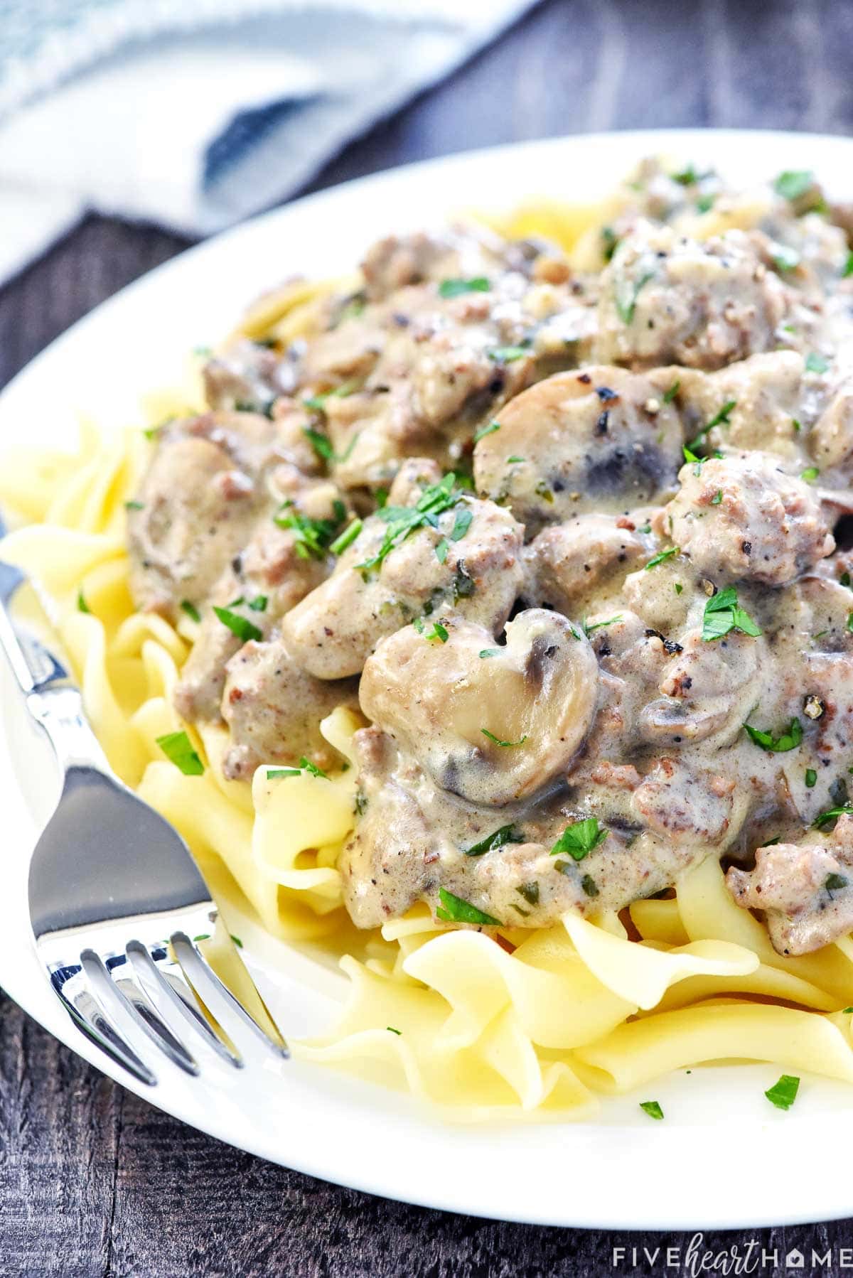 Beef stroganoff with hamburger over noodles.