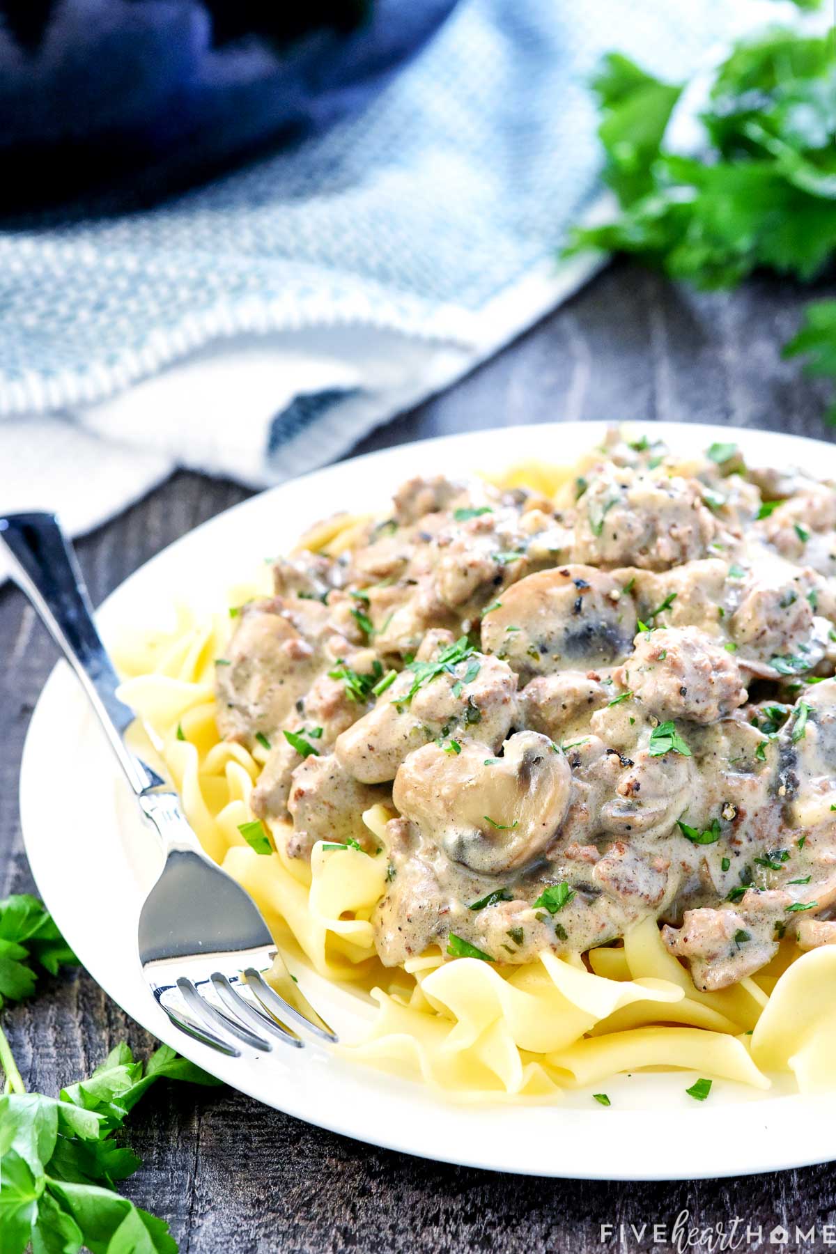 Ground Beef Stroganoff (AKA, beef stroganoff recipe with hamburger) on plate.