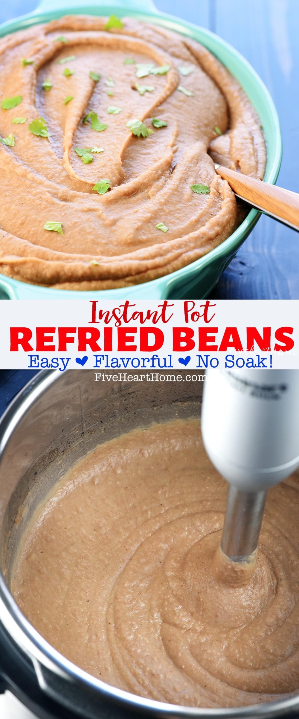 Instant Pot Refried Beans are creamy, flavorful, and effortless to make in the pressure cooker, with no soaking required. This refried beans recipe is the perfect side dish for all of your favorite Mexican food! | FiveHeartHome.com via @fivehearthome