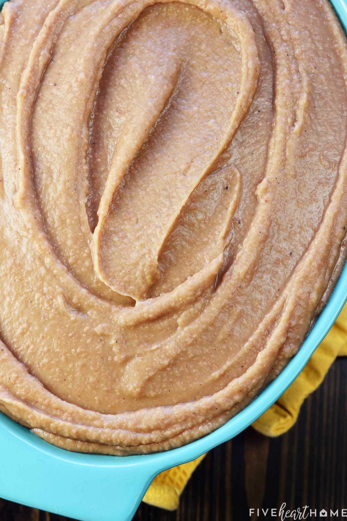 Aerial view of homemade refried beans.