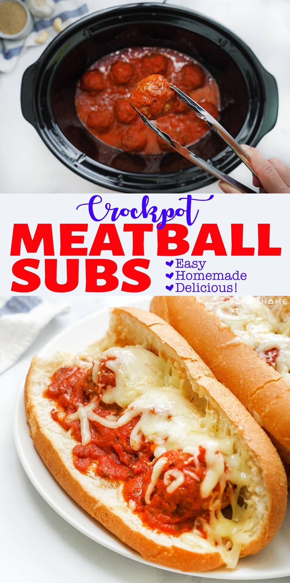 Crockpot Meatball Subs effortlessly come together in the slow cooker for flavorful, saucy, cheesy sandwiches that the whole family will love! With just a few simple ingredients, this meatball sub recipe is homemade, easy, and delicious! | FiveHeartHome.com via @fivehearthome