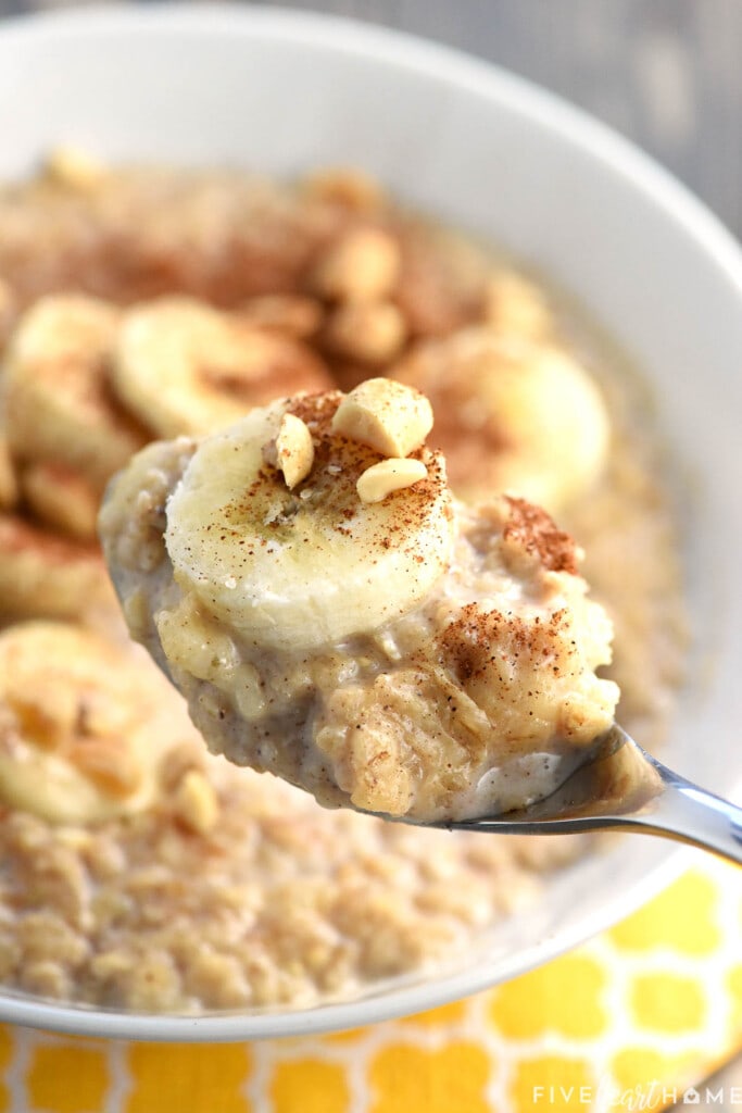 Peanut Butter Banana Oatmeal on spoon.