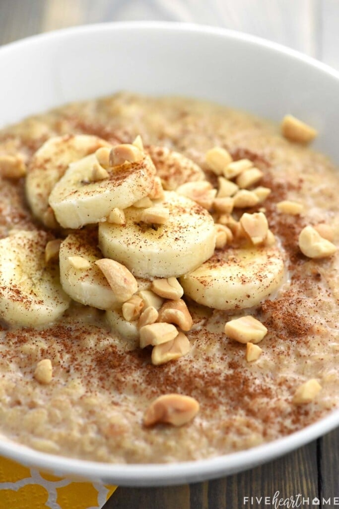 Close-up of peanut butter oatmeal.