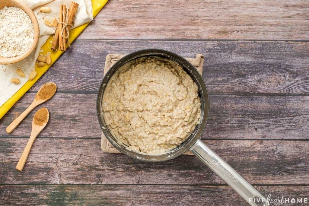 Pot of oatmeal with banana.