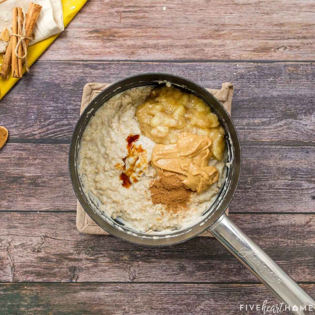 Banana and peanut butter stirred into oatmeal.