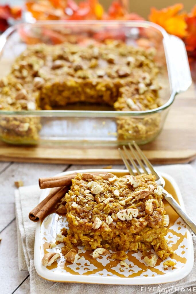 Pumpkin Baked Oatmeal in baking dish and on plate.