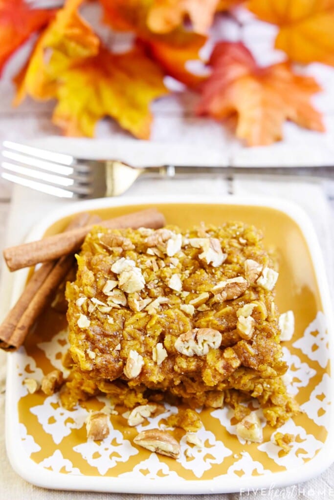 Baked Pumpkin Oatmeal with pecans on top.