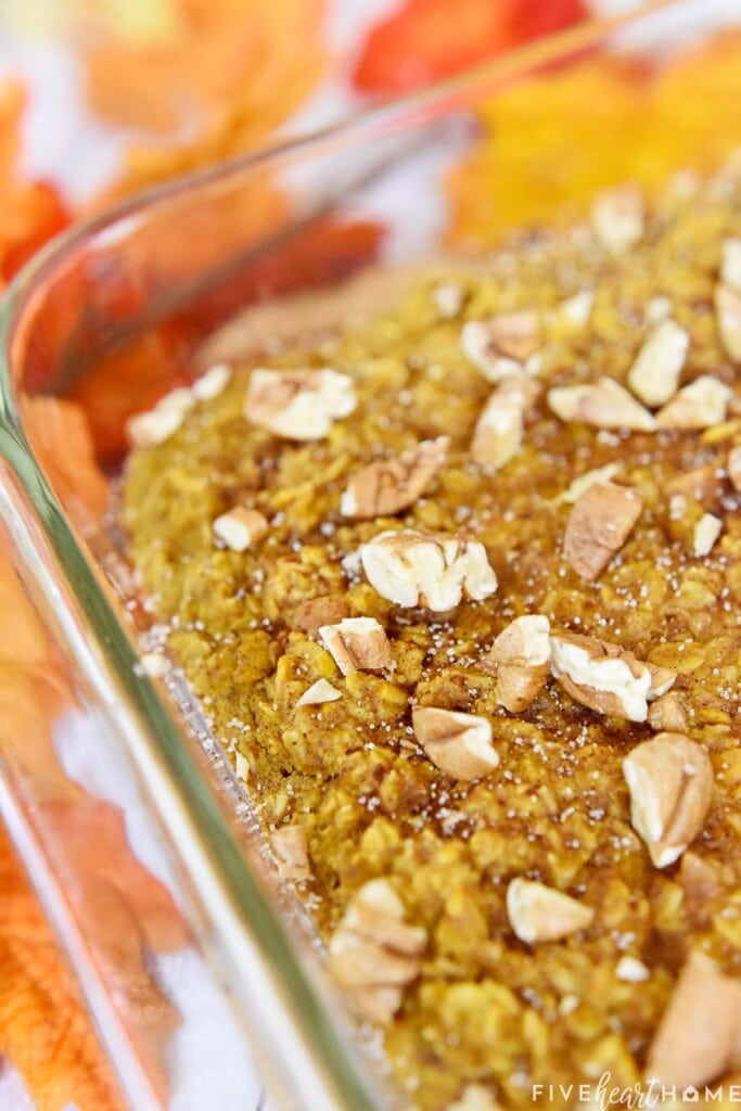 Pumpkin Baked Oatmeal close-up in dish.