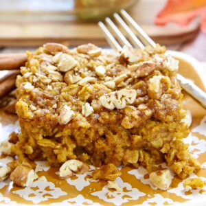 Pumpkin Baked Oatmeal close-up with pecans.