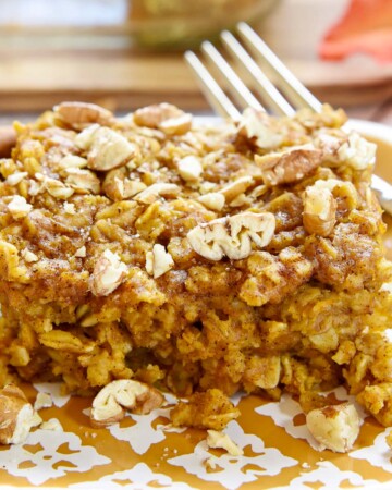 Pumpkin Baked Oatmeal close-up with pecans.