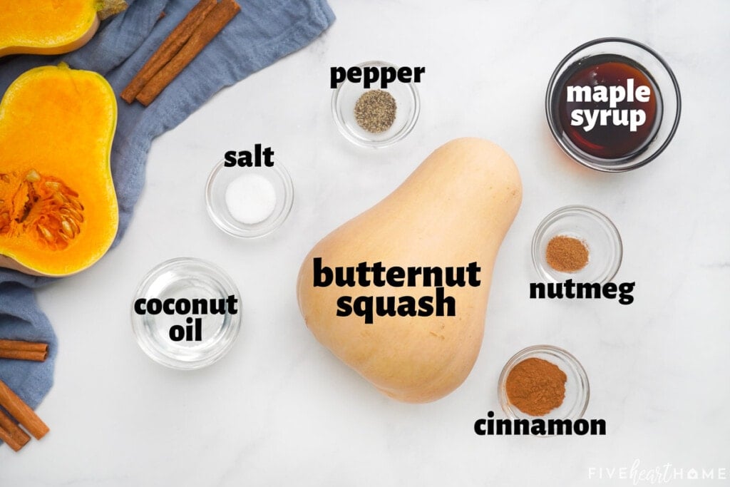 Labeled ingredients to make roast butternut squash.